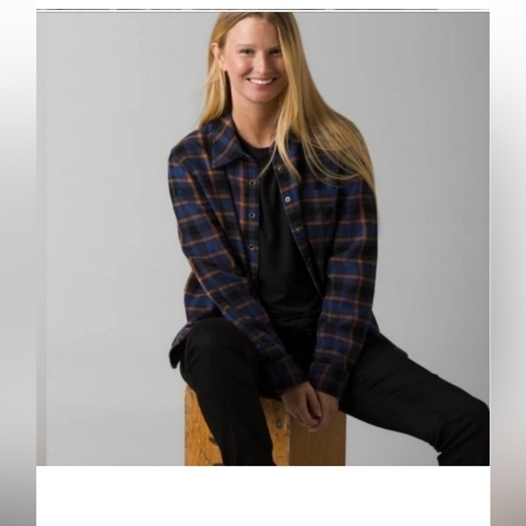 NWT PrAna Golden Canyon Blue/Burnt Orange/Black Snap Flannel Rich Sapphire - Picture 3 of 13